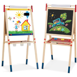 Мольберт для дітей GOPLUS, двосторонній набір для малювання з дошками для крейди та маркерів, регульований стійка, фарби, крейда, ластик, магнітні наклейки