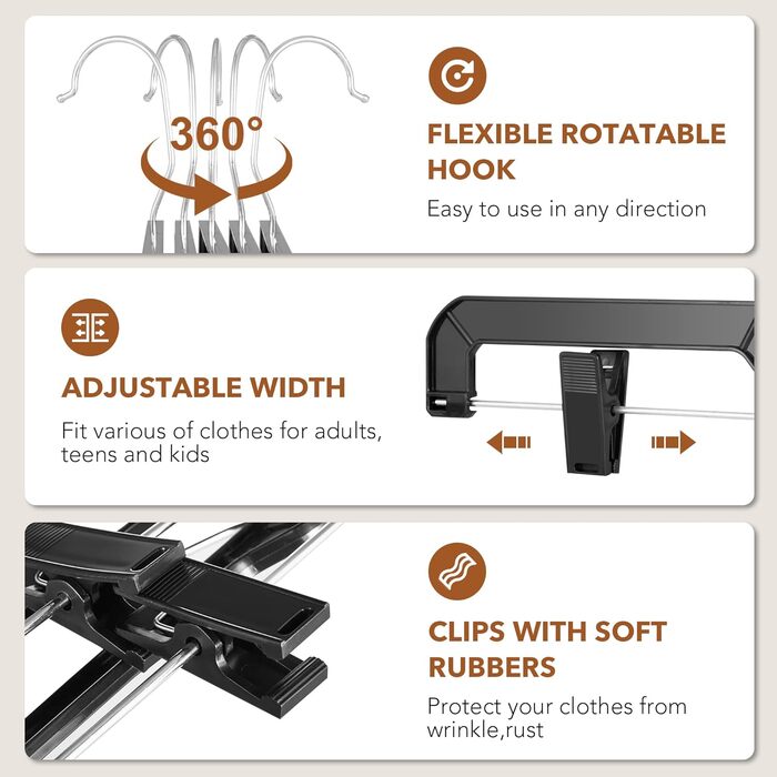 Кліпси для штанів House Day, 12 шт, 35 см, пластикові вішалки для штанів, спідниць, джинсів, шортів та легінсів, з обертовим гачком 360°