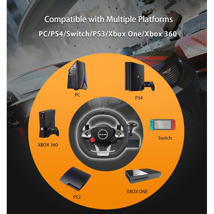 Ігровий кермо VooFun Racing Wheel для PC/PS4/Switch/PS3/Xbox One/Xbox 360 з педалями, 270°, чорний