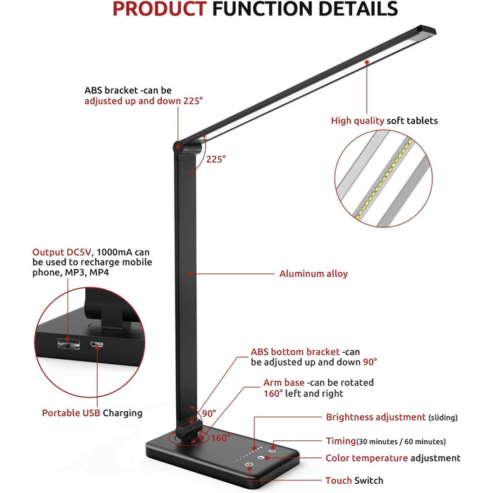 Світлодіодна настільна лампа Angdarun, з можливістю затемнення, USB, 5 кольорів, 10 яскравостей, сенсорний, таймер, складний, чорний