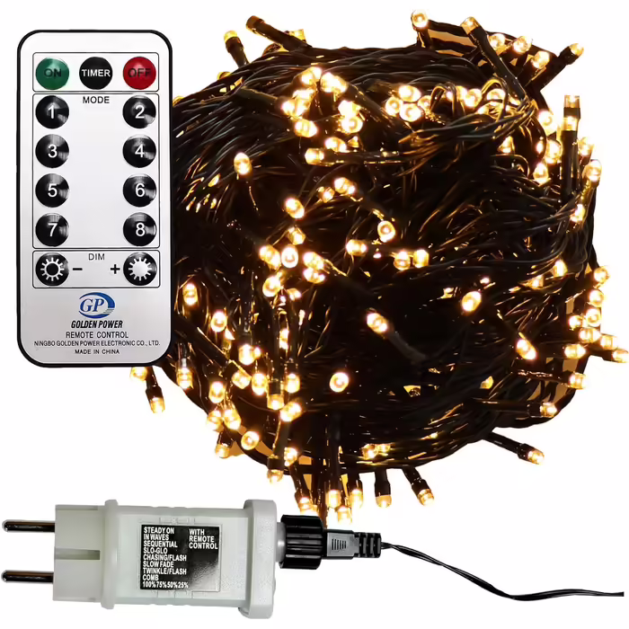Світлодіодна гірлянда Gartenpirat 480 LED, теплий білий/бурштиновий, для вулиці, 38 м, зелений кабель, з таймером і пультом, режими та димер
