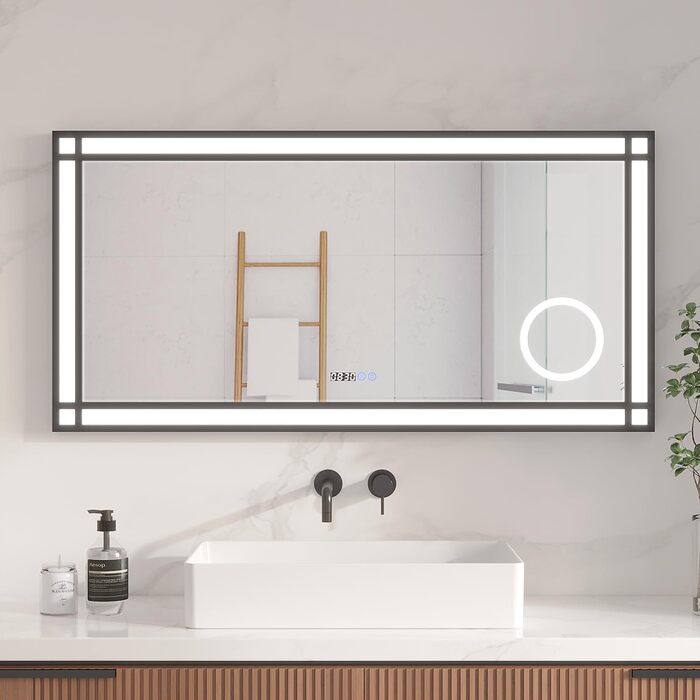 Дзеркало для ванної кімнати AQUABATOS LED з підсвічуванням 50x70 см, імітація вікна, сенсорне регулювання, протитуманне покриття, чорний алюмінієвий каркас, індустріальний стиль, холодний білий світлодіодний дзеркало