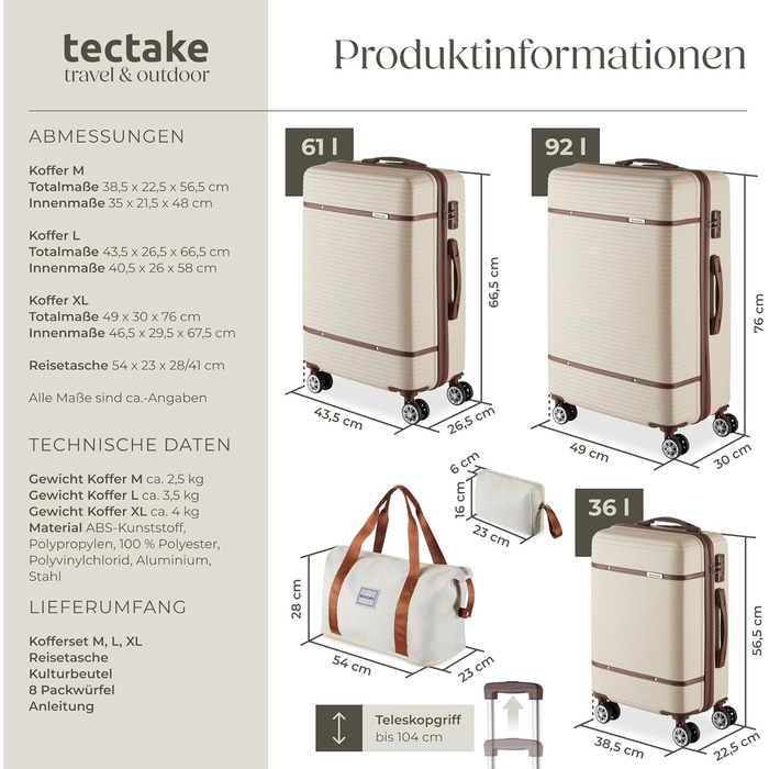 Набір валіз Tectake® 13 предметів: валіза, сумка, ролер, валіза на колесах, 3 великі валізи, TSA-замок, кремовий колір