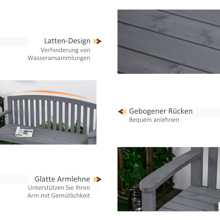 Двомісна садова лавка з дерева, стійка до погодних умов, лавка для саду зі спинкою, витримує до 240 кг, розміри 143 x 51 x 85 см, сірого кольору