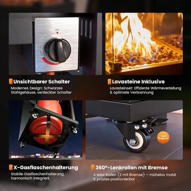 Газовий обігрівач Sweetcrispy для тераси 11 кВт, чорний. Модель для вулиці, з поворотним підставою та захистом від перекидання. Газовий нагрівач для саду та відпочинку на відкритому повітрі. Працює на пропані/бутані. (Газовий балон не входить у комплект)