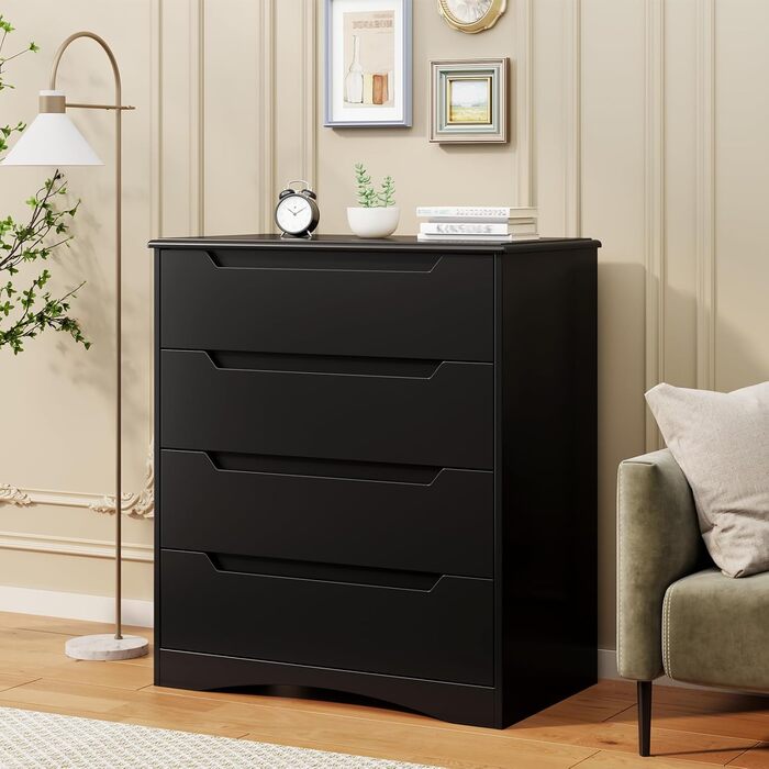 Комод Bealife для спальні: 4 місткі шухляди, витягнуті ручки, захист від перекидання, для вітальні/офісу (чорний)