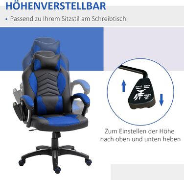 Офісне крісло HOMCOM Масажне крісло Функція масажу з 6 точками вібрації Ергономічне ігрове крісло з функцією нагрівання Штучна шкіра синій 68 x 69 x 108-117 см СинійЧорний