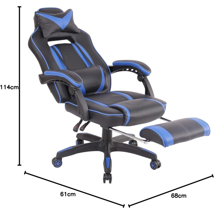 Ігрове офісне крісло CLP Heat, Шкірозамінник, Підставка для ніг, Регулювання висоти, Підлокітники, Чорний/Синій