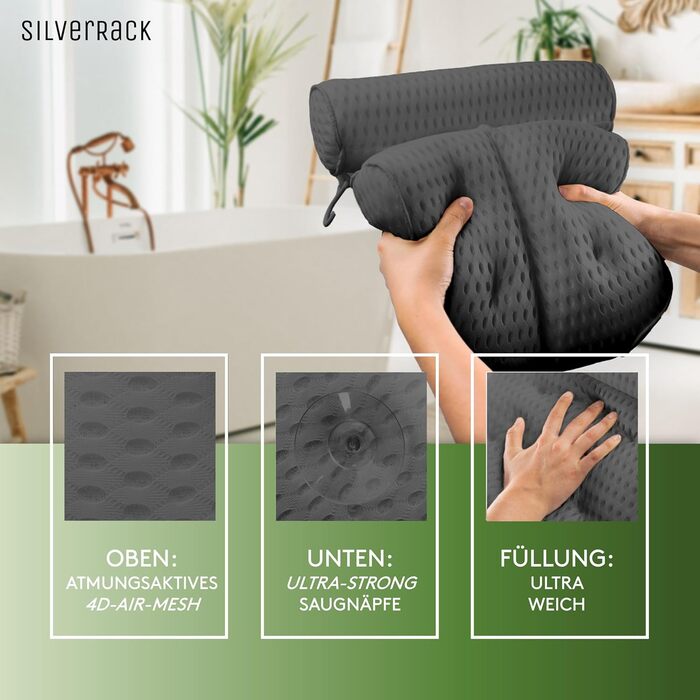 Підголовник для ванни SilverRack MEDIUM-WEICH (темно-сірий) з 3D-системою підтримки та сіткою 4D - комфортне аксесуар для ванни