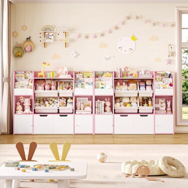 FOREHILL Дитяча полиця для іграшок та книг, стелаж для дитячої кімнати з 4 ящиками, рожевий (126x30x104 см)