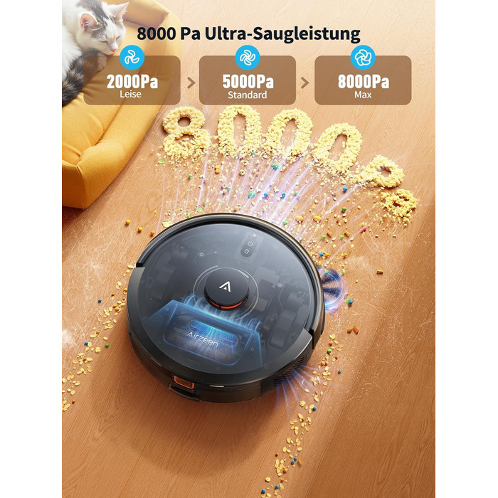 Робот-пилосос Airzeen Q10 Pro S з вологою, 8000Pa, LiDAR, APP, Alexa, для дому, килимів, шерсті тварин, чорний