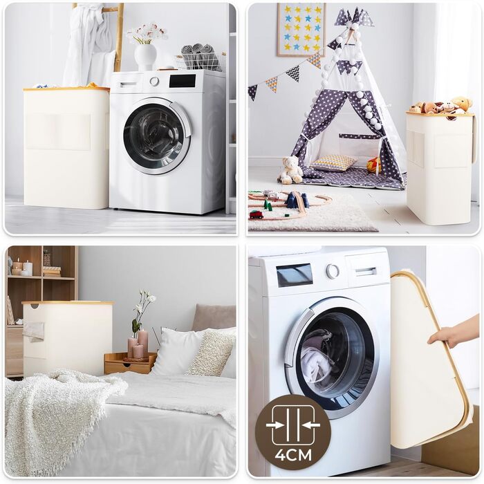 Кошик для білизни OUSFOT з кришкою, 3 відділення, 158л, розкладний, з мішком для білизни, з кишенею, бамбукова коробка для сортування білизни, бежевий