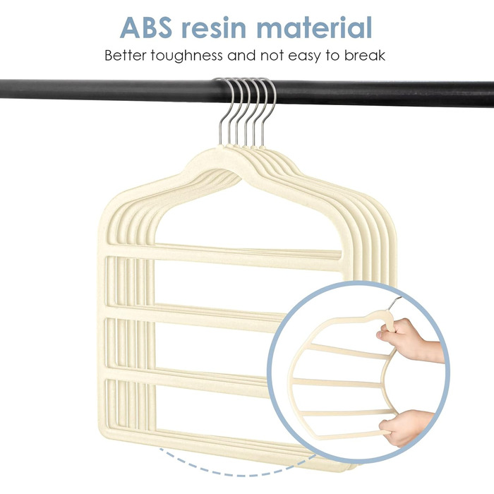 Набір з 6 вешалок для штанів DUDUCOFU з оксамитовим покриттям, ABS пластик, бежевий колір