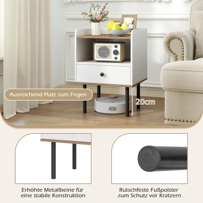 Набір приліжкових тумбочок COSTWAY з шухлядою та відкритою полицею, на ніч, для спальні, вітальні, 40,5 x 35 x 56 см, (2 шт., білий)