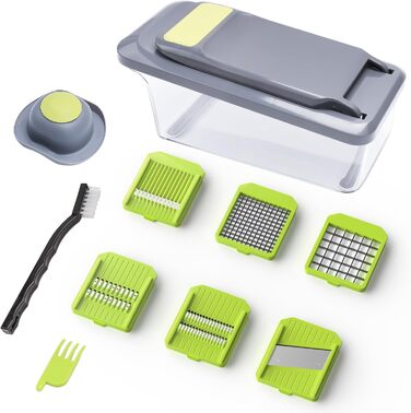 Ручний овочевий слайсер-мандоліна з 6 лезами та контейнером 3.3L - професійний овочевий слайсер з захистом рук, багатофункціональний, для слайсів, жульєну та подрібнення цибулі, чорно-зелений