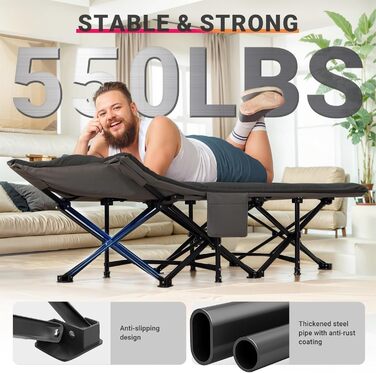 Розкладне кемпінгове ліжко OVERMONT з матрацом, 190x70x40 см, витримує до 250 кг, тканина Оксфорд, з кишенею та сумкою для перенесення, чорне