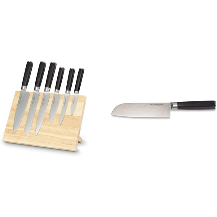 Набір кухонних ножів ECHTWERK Damast 7 предметів: кухонний, для хліба, для філе, сантоку, універсальний, для очищення, з ручками з пака-дерева, з дерев'яним магнітним бруском