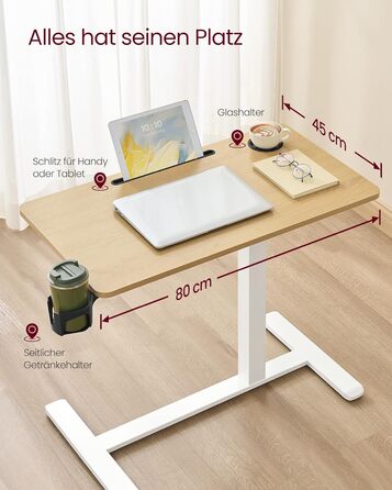 Приставний столик VASAGLE на колесах, мобільний, з великою стільницею, регульована висота, 2 тримачі для напоїв, слот для телефону/планшету, LSD600W01 (80x45 см, горіх золотистий)