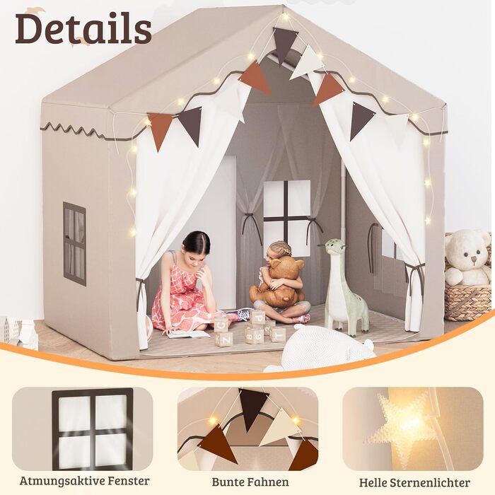 Дитяче намет-будиночок EROMMY 2-в-1 з килимком, прапорцями та світлодіодними смугами, двостулковими дверима, даховим вікном, для дому, вік 3+, коричневий