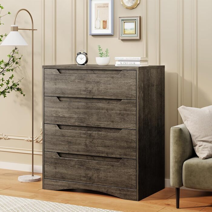 Комод Bealife для спальні з 4 великими шухлядами, шафа з шухлядами з вирізаними ручками та блокуванням від перекидання, ідеальний для вітальні, офісу (темно-сірий)