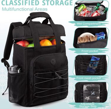 Чорний рюкзак-холодильник з м'якою ручкою, легкий та ізольований, велика місткість, для пляжу, кемпінгу, пікніка, риболовлі та походів