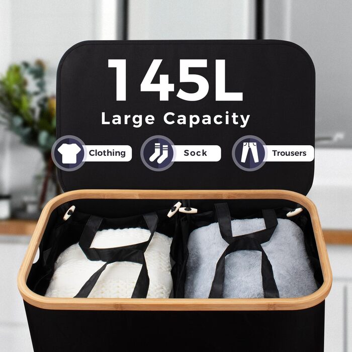 Кошик для білизни Rieeyrslza з кришкою 158 л з бамбука з 2 знімними мішками для білизни, Oxford, складний, для сортування, багатофункціональний, для ковдр та одягу (сірий) (чорний 145л)