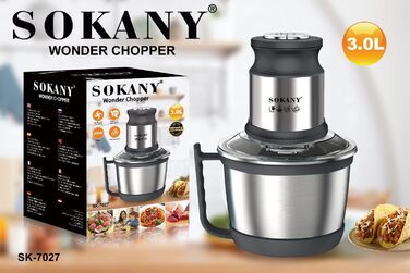 М'ясорубка-подрібнювач електричний SOKANY SK-7027 800W з чашею 3л з нержавіючої сталі, 2 швидкості, для м'яса, овочів, фруктів