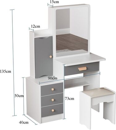 Туалетний столик DEZAGCE з дзеркалом, 4 шухляди та табурет, Сучасний, Білий/Сірий