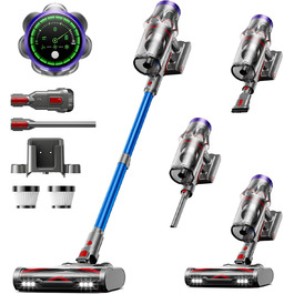 Бездротовий акумуляторний пилосос 48000Pa/580W/65Min, об'єм 1,8L, з функцією від'єднання пилу, антизаплутана щітка, 8-ступенева фільтрація. Підходить для килимів, шерсті тварин та твердих поверхонь. Колір: блакитний