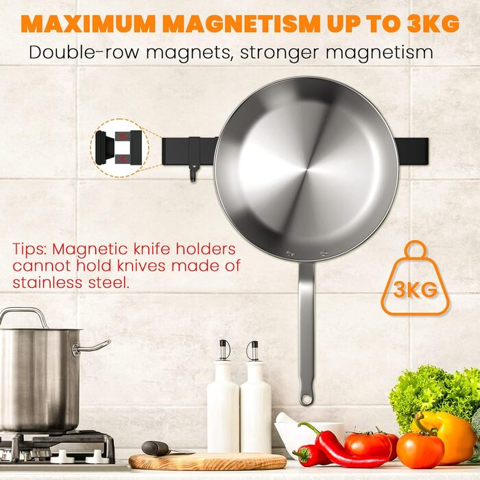 Ніж Cocolemon з магнітною смугою 40 см з нержавіючої сталі з дуже сильним магнітом Тримач для ножів магнітний з 3 висувними гачками для ножів Кухонне начиння Інструменти