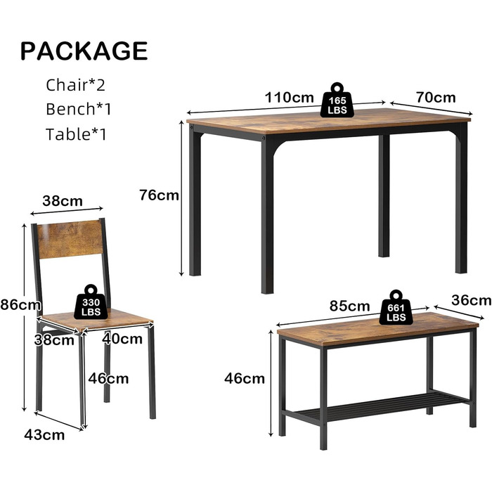 Меблі Sogesfurniture 4 шт. Обідній комплект обідній стіл 110х70см, 2 стільці, лавка, металевий каркас, вінтажний коричневий