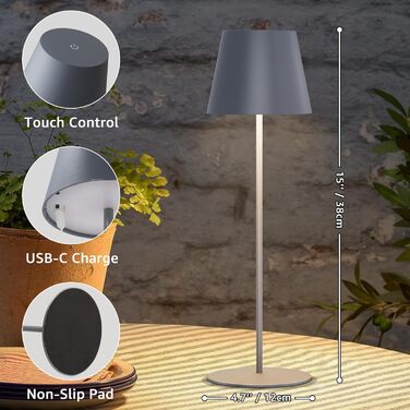 LED настільна лампа MALUX 2 шт. бездротова з сенсором, для дому та вулиці, перезарядна, 3 режими температури кольору, регулювання яскравості, таймер, чорний та сірий кольори