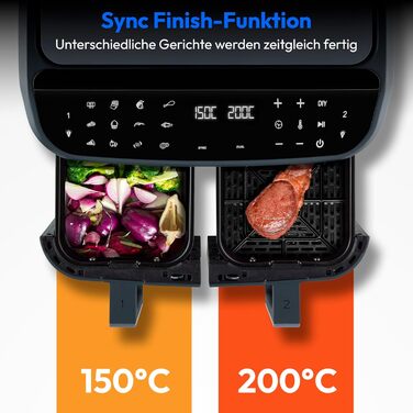 MEDION P20 XXL Фритюрниця з гарячим повітрям з 2 камерами (8,7 л, Airfryer, 2600 Вт, подвійна камера, 10 автоматичних програм, 2 висувні ящики, віконце, Dual Airfryer, ILAG PFAS-free, MD11760) матово-білий, матово-сірий