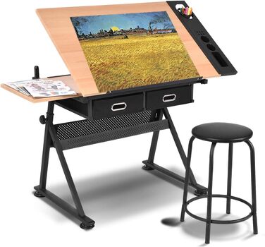 Дерев'яний дитячий стіл DREAMADE з регулюванням висоти та нахилу, з ящиками та табуретом - ідеальний для школи та офісу