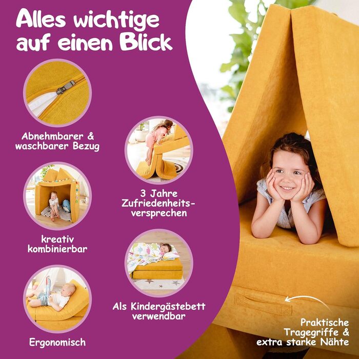 Linodino® дитяче ігрове крісло-диван з м'яких кубиків | Дитячий диванчик та куточок для ігор | Кубики для дітей | Сертифікат Oeko-Tex 100 | Бджолиний колір