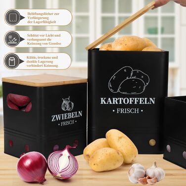 Набір контейнерів для зберігання картоплі, цибулі та часнику, 3 шт. з бамбуковим кришками, чорного кольору. Зберігає овочі свіжими довше, стійкий, складений.