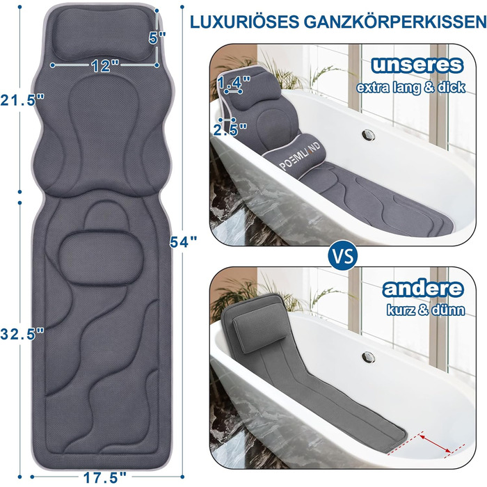 Подушка для ванни Luxus Dicke: повний корпус, підтримка голови, шиї та плечей. Комфорт, розслаблення, аксесуари для спа. Сірий колір