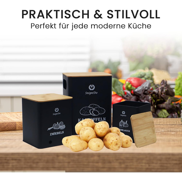 Набір коробок для зберігання картоплі, цибулі та часнику – 3 шт. Металеві овочеві контейнери з картопляницею та очищувачем – чорний колір