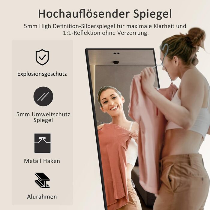 Дзеркало настінне Spiegel Schwarz 40x160 см з чорною рамою. Повнорозмірне дзеркало для спальні, вітальні або ванної кімнати. Прямокутне дзеркало з алюмінієвою рамою 40L x 160B cm