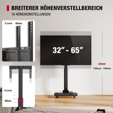 Підставка для телевізора на колесах з полицею, чорна, поворотна, регульована по висоті, VESA 400x400, для телевізорів 32-65 дюймів