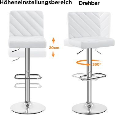 Барні стільці Yaheetech 2 шт. регульовані по висоті, обертаються, 62,5-84,5 см, 136 кг, з штучної шкіри та сталевим каркасом, для кухні/бару, білий (без підлокітників)