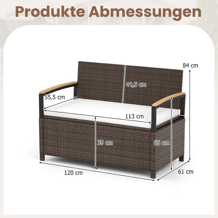 Лавка садова з ротангу COSTWAY з ящиком для зберігання, біла, 2-місна, 120x61x84 см - для балкона, тераси, саду