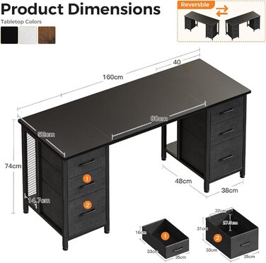 Комп'ютерний стіл Coleshome з 6 висувними ящиками, 160x52 см, білий, для дому та офісу