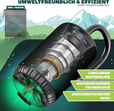 Соняшний душ KESSER® з насосом та акумулятором 8000mAh. Комплект для кемпінгу: регульована лійка, шланг 2м, пістолет-пульверизатор, кріплення. Без бака (Чорний/Чорний)