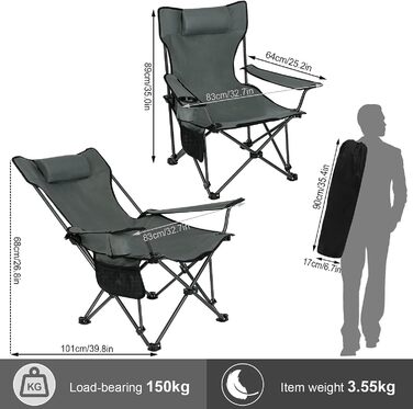 Крісло для кемпінгу WOLTU Складне складане крісло Крісло для риболовлі Легке пляжне крісло Розкладне крісло зі спинкою Підстаканник Сумка для зберігання 150 кг Вантажопідйомність Сірий CPS8147gr