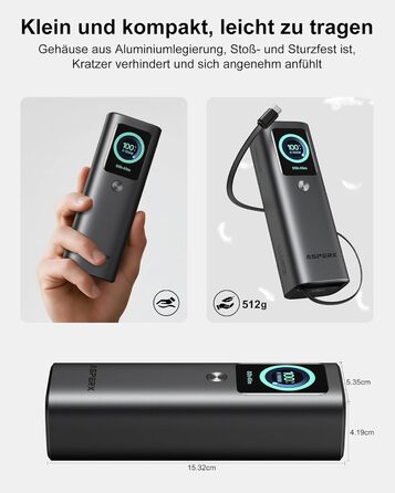 Power Bank AsperX 20000mAh, 165W, 2x USB-C (100W), для ноутбуків, iPhone, MacBook, Samsung, вбудований кабель 60см, TFT-дисплей