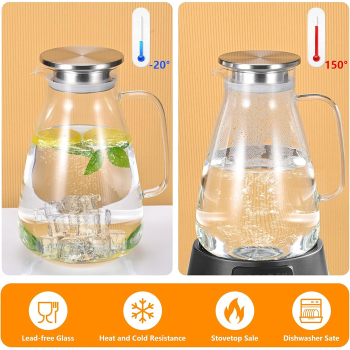 Скляна карафа 2,2 л з кришкою, термостійка, для води, соку та гарячих напоїв