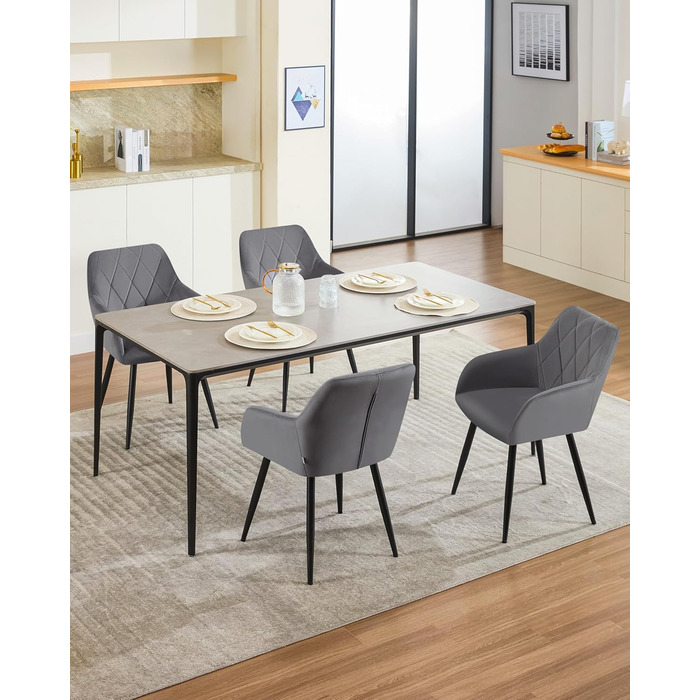 Набір обідніх стільців WOLTU з підлокітниками та спинкою, для кухні, вітальні, їдальні, м'який оксамитовий чохол, металеві ніжки, темно-сірий, 8 шт.