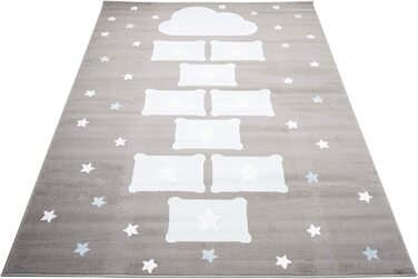 Дитячий килим TAPISO, дитячий килим з коротким ворсом, сірий, білий, рожевий, синій, сіро-коричневий, з квітами, місячний кролик, сучасна дитяча кімната (120 x 170 см, сіро-білий)