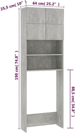 Шафа для пральної машини, 2 двері, 2 відділення, 64x25.5x190см, інженерне дерево, бетон сірий